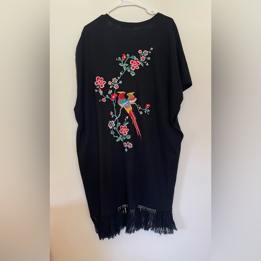 Love Johnny Was Black Knit Kimono Cardigan Embroidered Fringe Cotton Cashmere